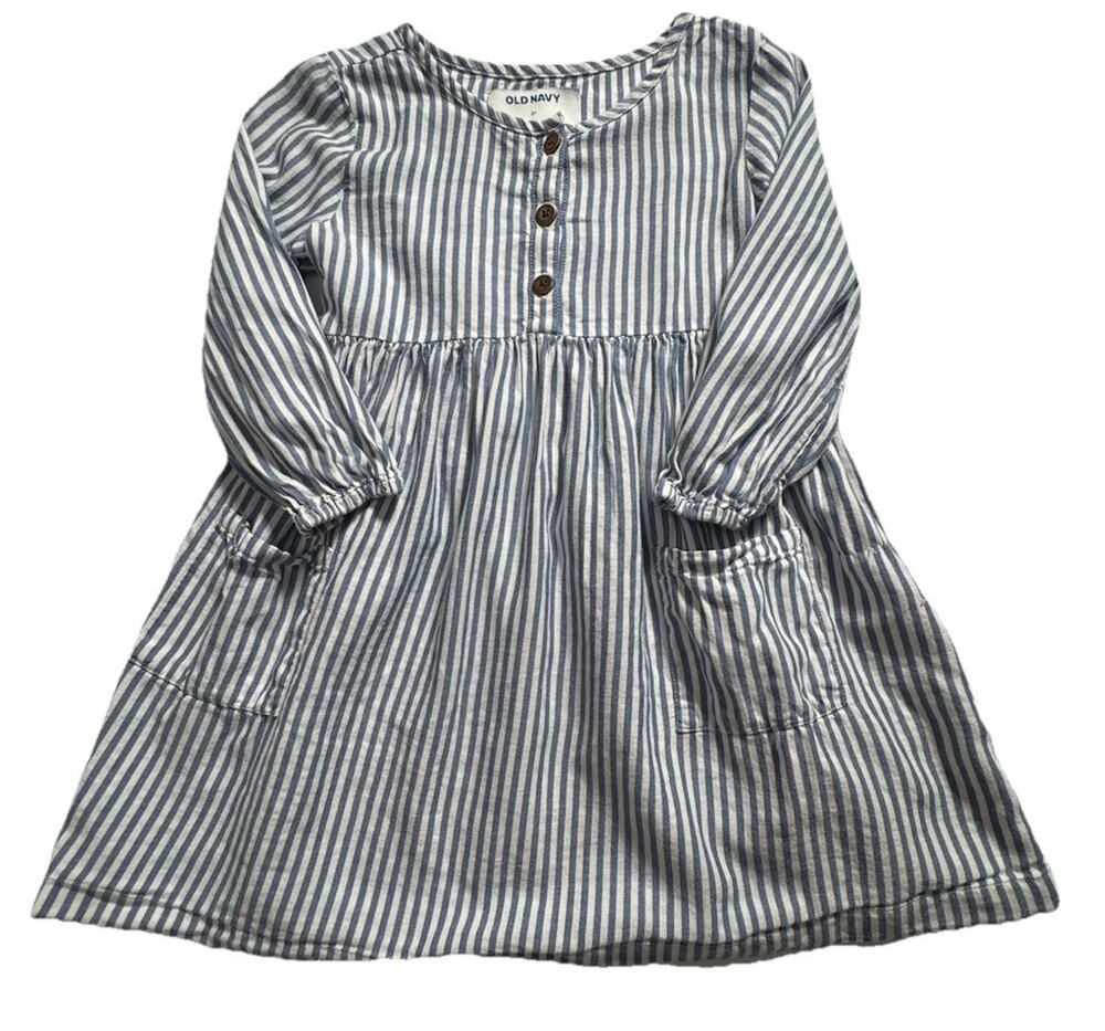 Old Navy Toddler Girls Blue White Stripe Dress 3T Long Sleeve Button Front